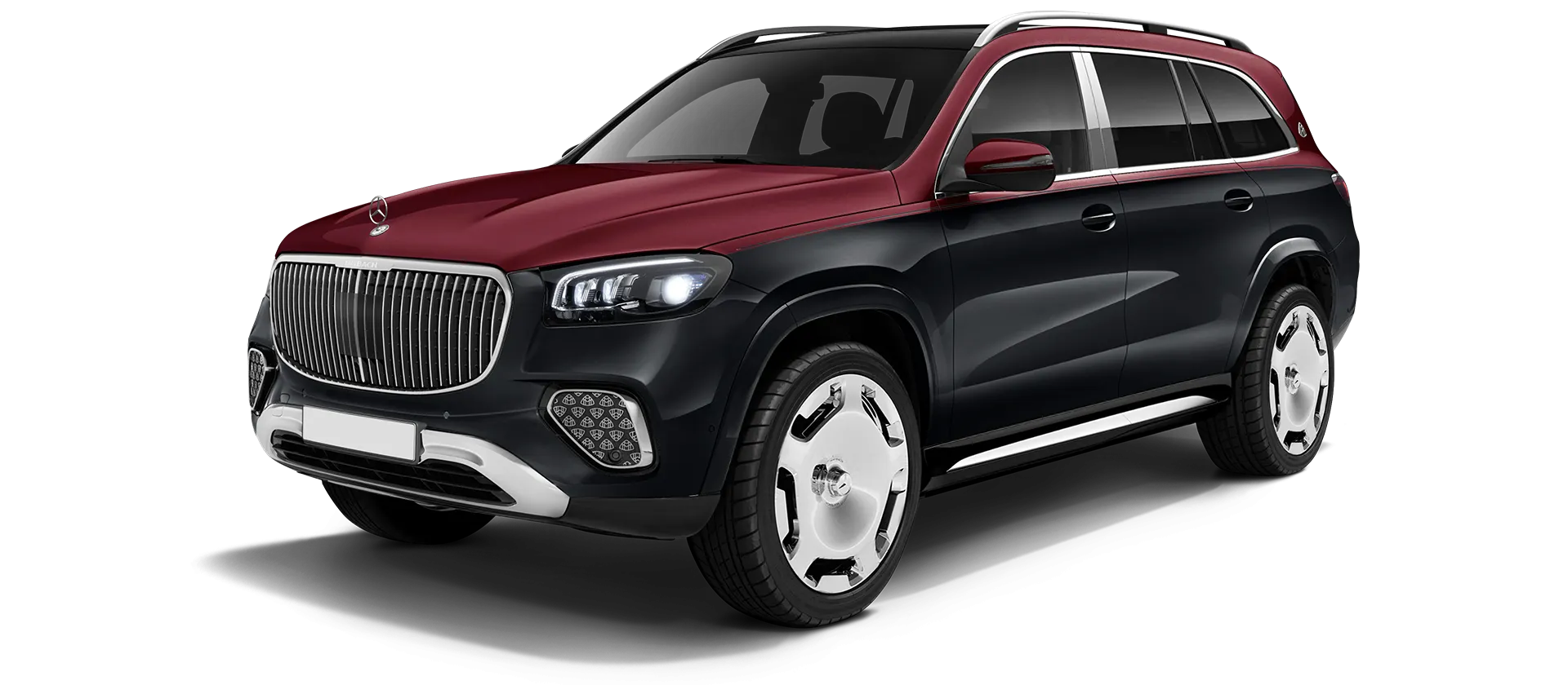 Mercedes Maybach GLS 600 X167 Facelift 2025 stock front view in Two Tone Black Red Mercedes Maybach GLS 600 X167 Facelift 2025 stock front view in Two Tone Black Red color