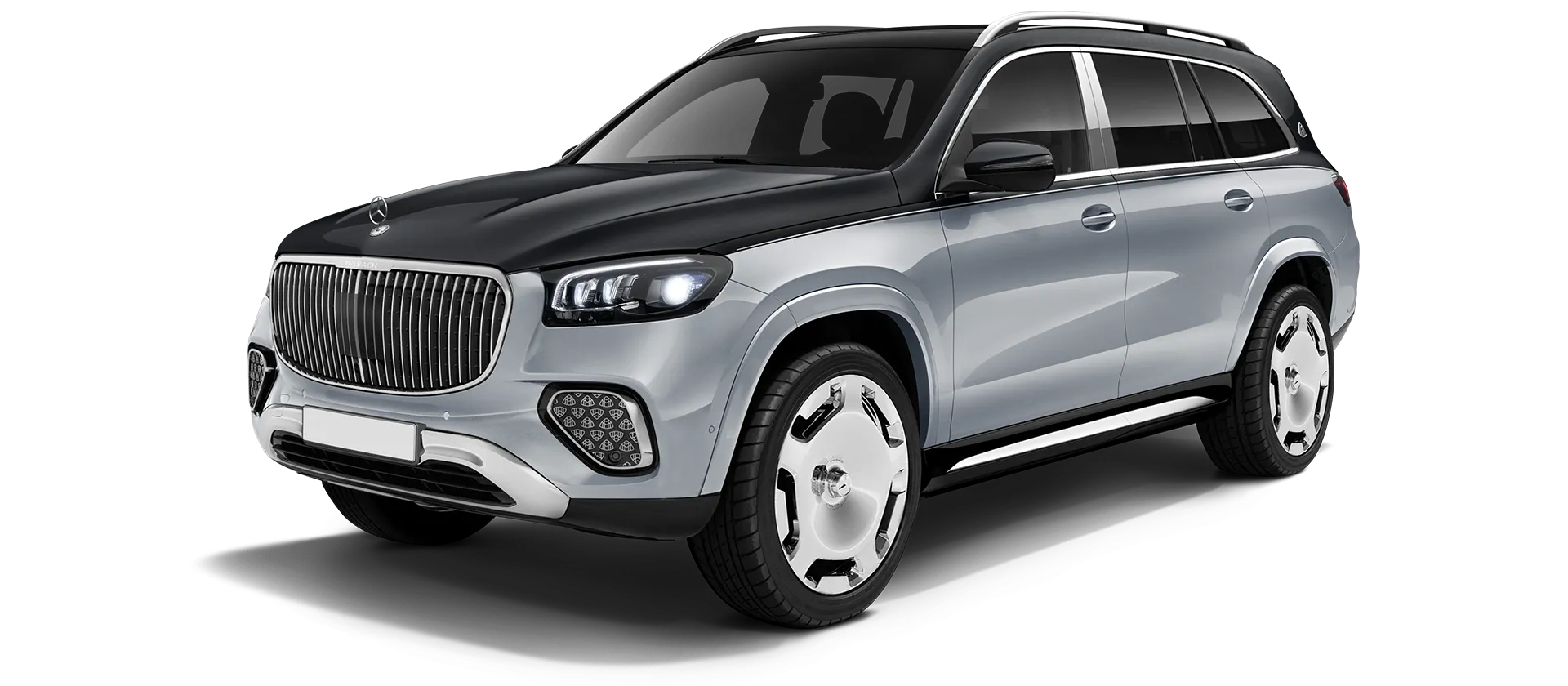 Mercedes Maybach GLS 600 X167 Facelift 2025 stock front view in Two Tone Black Silver Mercedes Maybach GLS 600 X167 Facelift 2025 stock front view in Two Tone Black Silver color