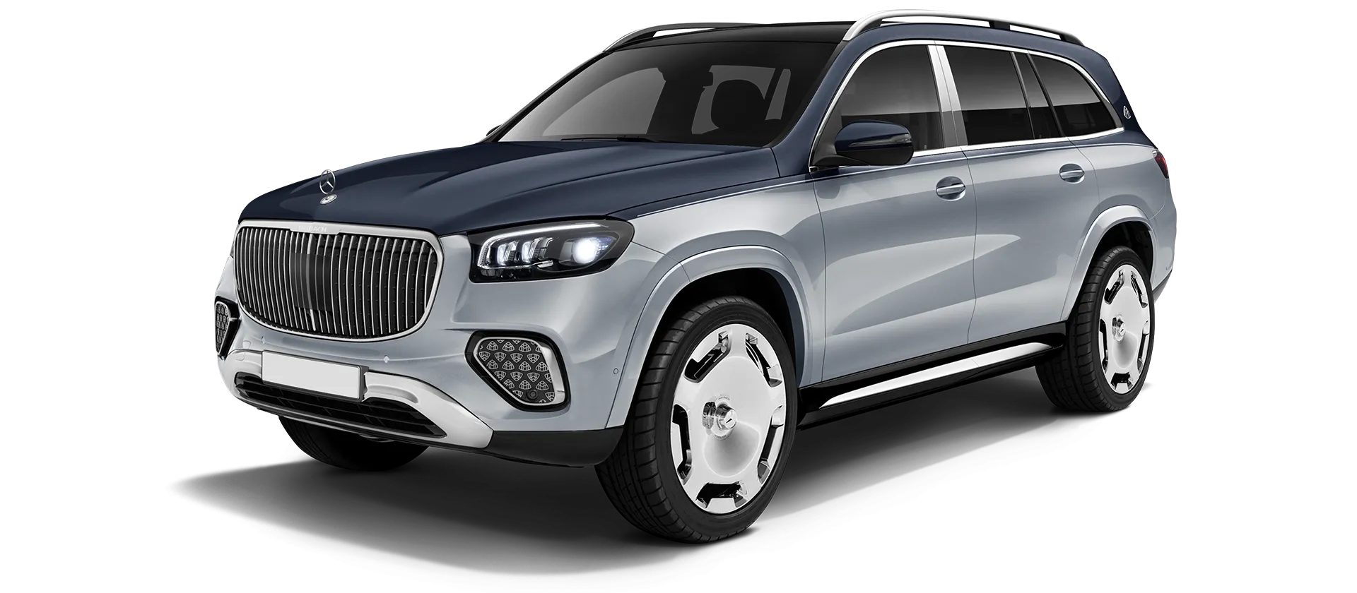Mercedes Maybach GLS 600 X167 Facelift 2025 stock front view in Two Tone Silver Blue Mercedes Maybach GLS 600 X167 Facelift 2025 stock front view in Two Tone Silver Blue color