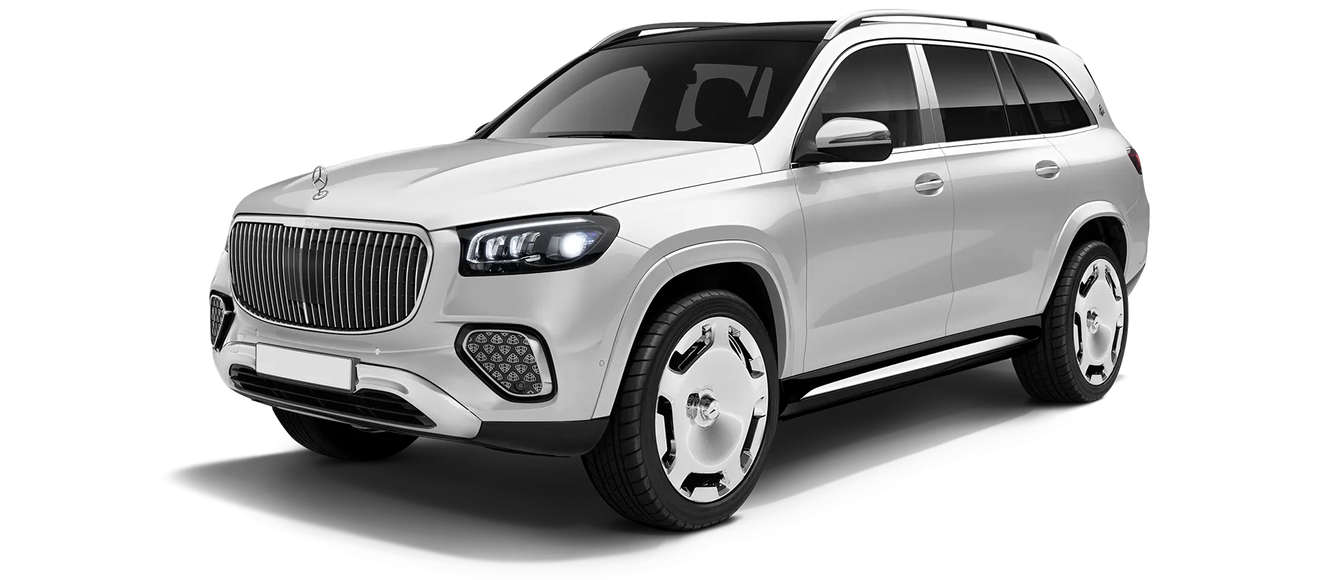 Mercedes Maybach GLS 600 X167 Facelift 2025 stock front view in White Mercedes Maybach GLS 600 X167 Facelift 2025 stock front view in White color