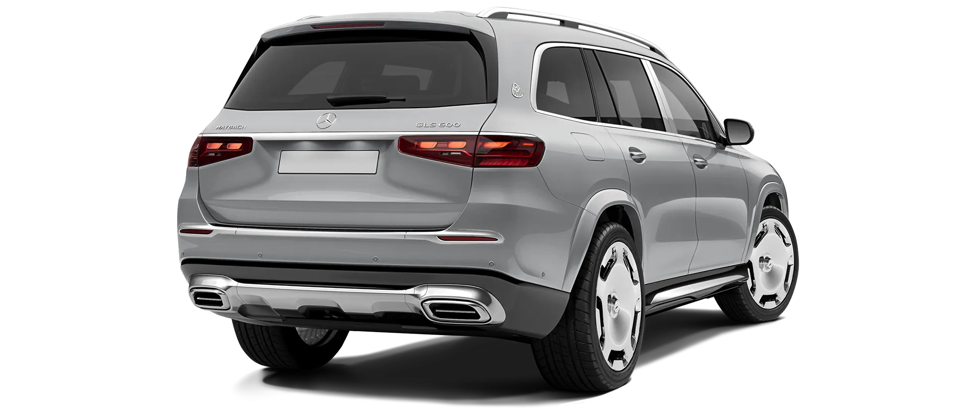 Mercedes Maybach GLS 600 X167 Facelift 2025 stock rear view in Alpine Silver Mercedes Maybach GLS 600 X167 Facelift 2025 stock rear view in Alpine Silver color