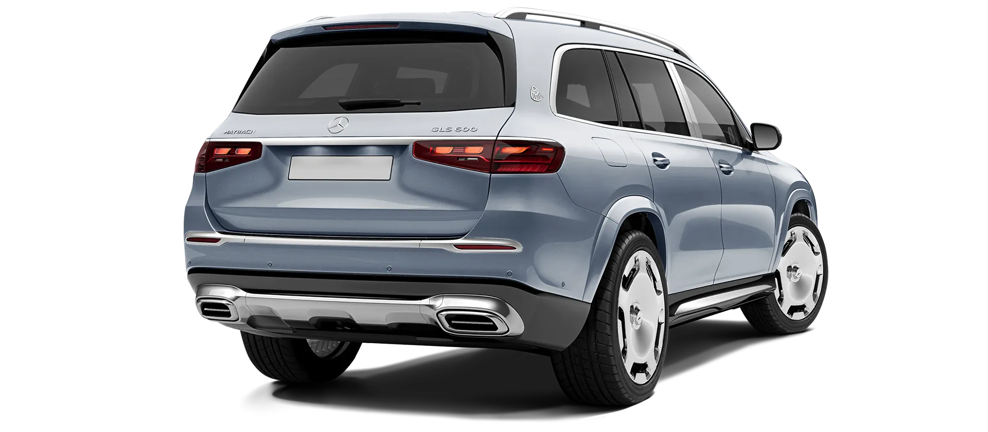Mercedes Maybach GLS 600 X167 Facelift 2025 stock rear view in Azur Blue Mercedes Maybach GLS 600 X167 Facelift 2025 stock rear view in Azur Blue color
