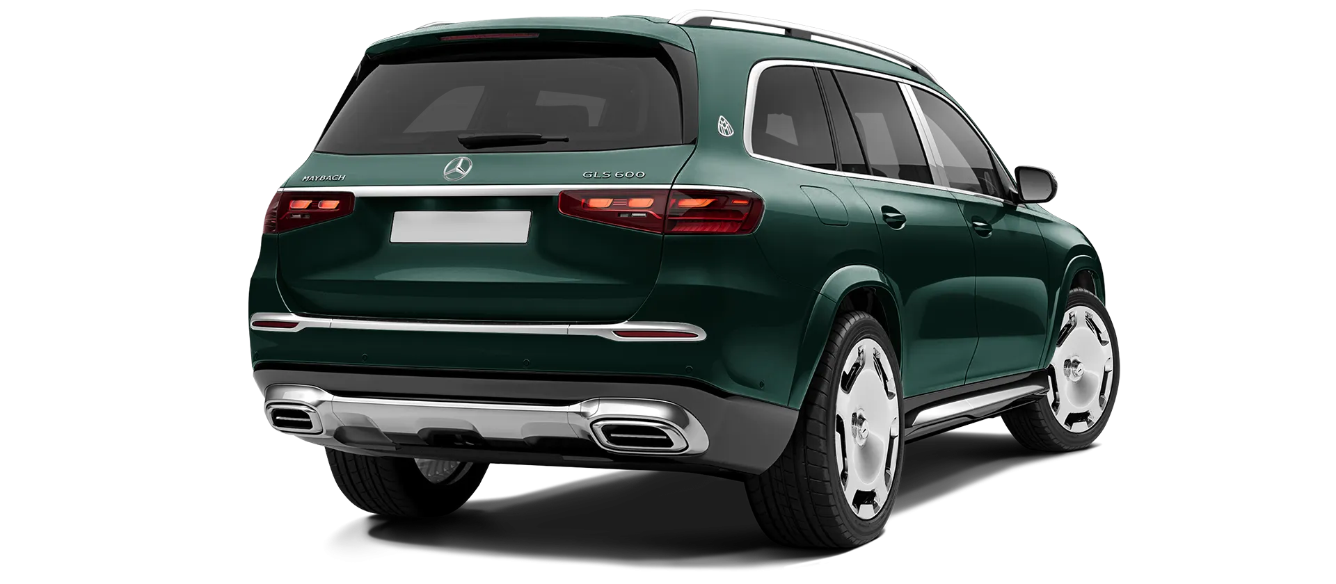 Mercedes Maybach GLS 600 X167 Facelift 2025 stock rear view in Green Mercedes Maybach GLS 600 X167 Facelift 2025 stock rear view in Green color