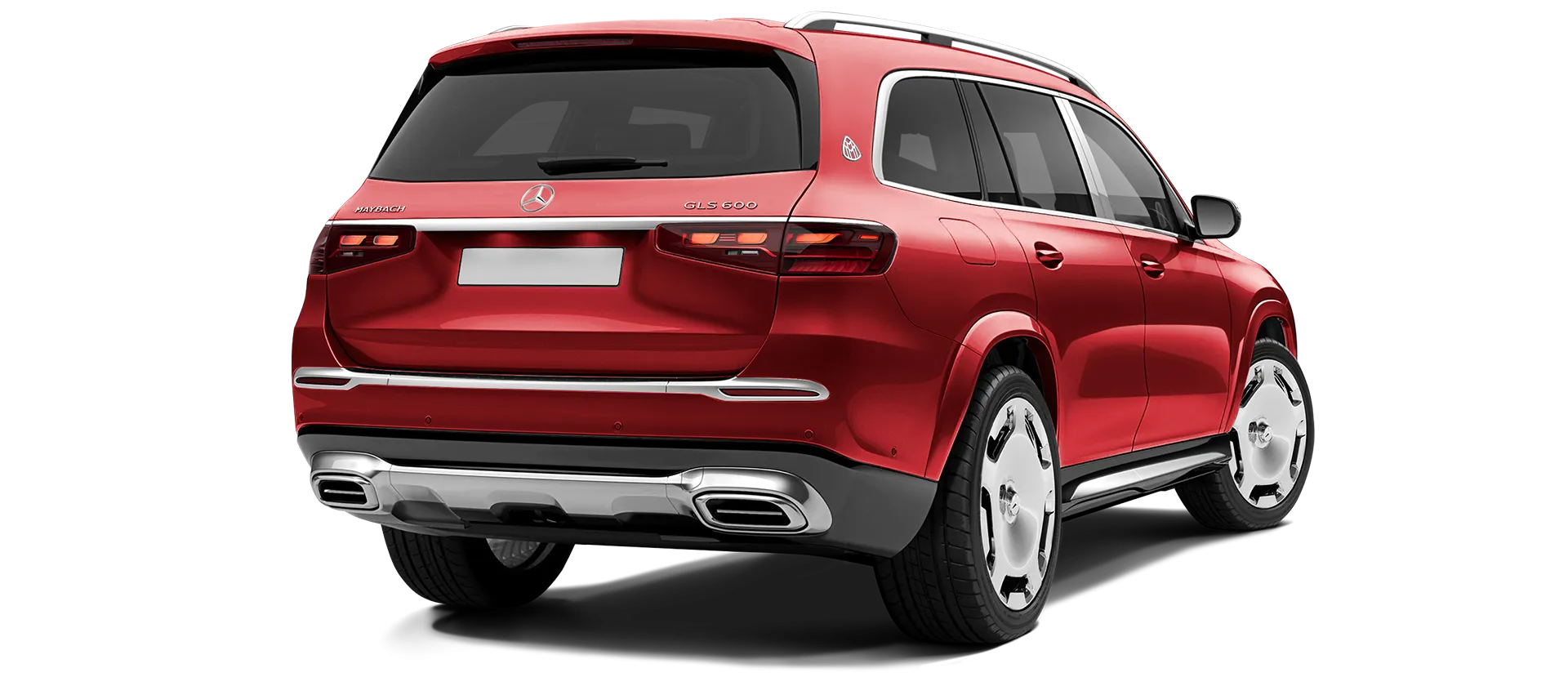 Mercedes Maybach GLS 600 X167 Facelift 2025 stock rear view in Red Mercedes Maybach GLS 600 X167 Facelift 2025 stock rear view in Red color