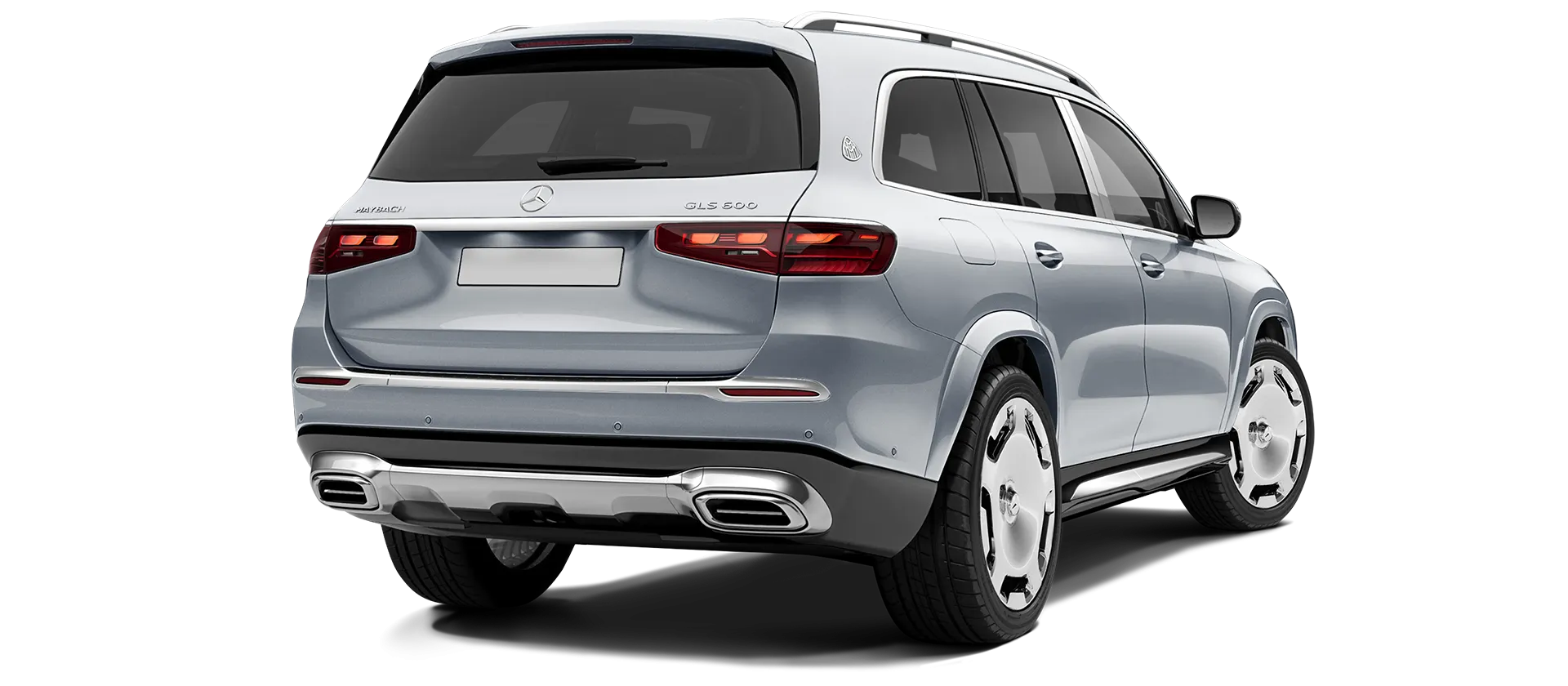 Mercedes Maybach GLS 600 X167 Facelift 2025 stock rear view in Silver High Tech Mercedes Maybach GLS 600 X167 Facelift 2025 stock rear view in Silver High Tech color