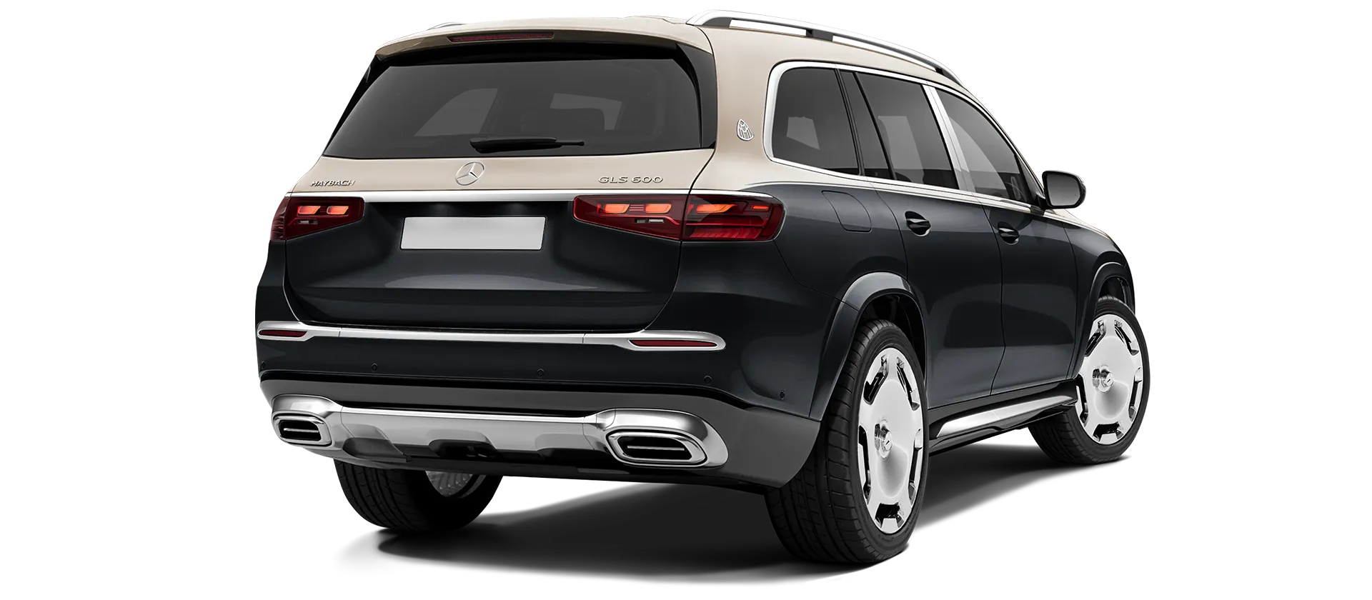 Mercedes Maybach GLS 600 X167 Facelift 2025 stock rear view in Two Tone Black Gold Mercedes Maybach GLS 600 X167 Facelift 2025 stock rear view in Two Tone Black Gold color
