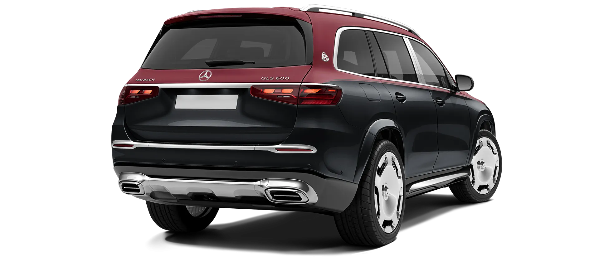 Mercedes Maybach GLS 600 X167 Facelift 2025 stock rear view in Two Tone Black Red Mercedes Maybach GLS 600 X167 Facelift 2025 stock rear view in Two Tone Black Red color
