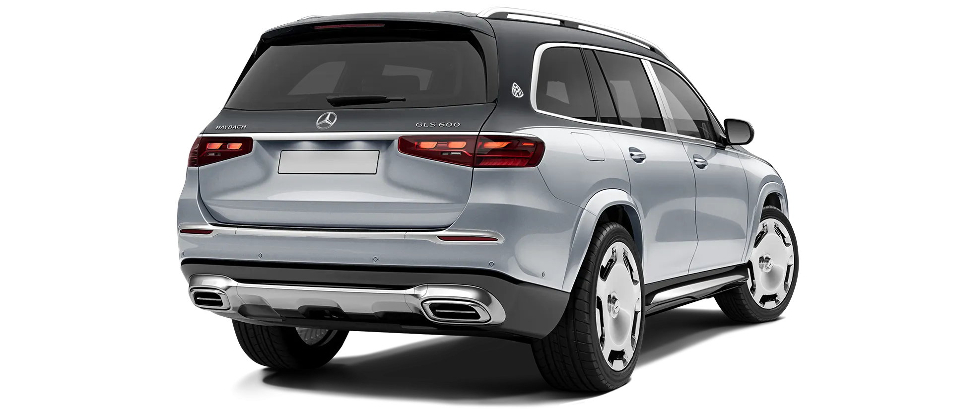 Mercedes Maybach GLS 600 X167 Facelift 2025 stock rear view in Two Tone Black Silver Mercedes Maybach GLS 600 X167 Facelift 2025 stock rear view in Two Tone Black Silver color
