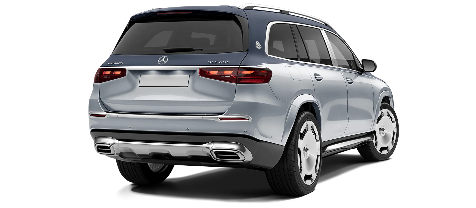 Mercedes Maybach GLS 600 X167 Facelift 2025 stock rear view in Two Tone Silver Blue Mercedes Maybach GLS 600 X167 Facelift 2025 stock rear view in Two Tone Silver Blue color