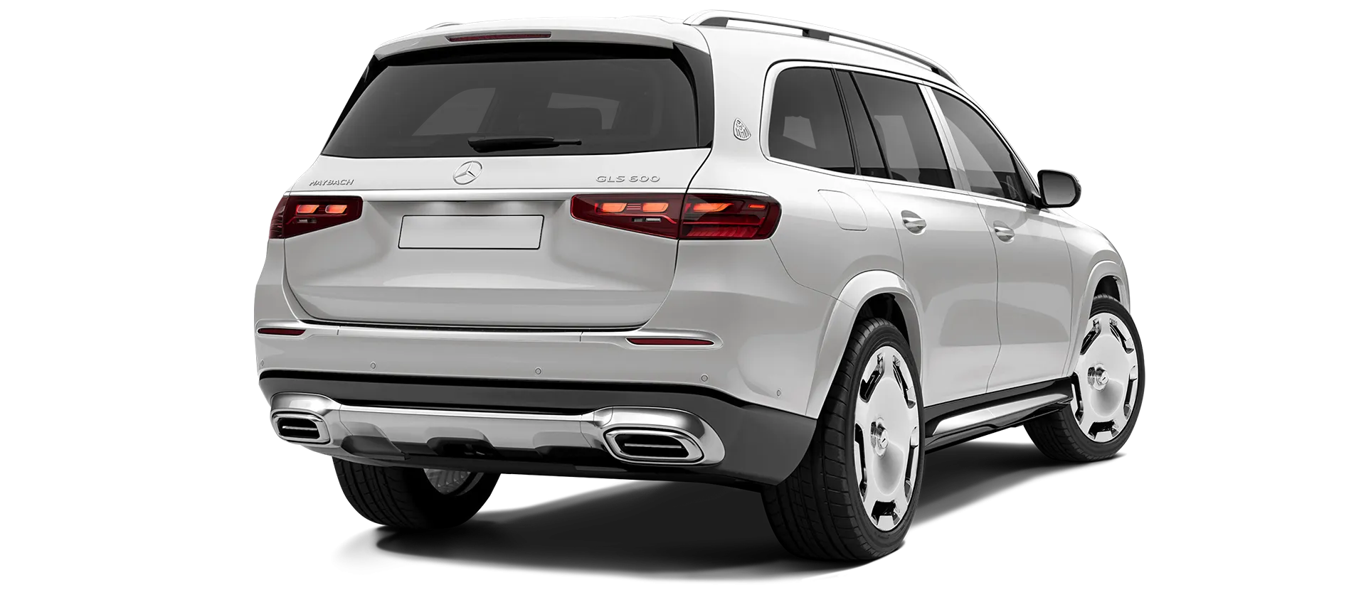 Mercedes Maybach GLS 600 X167 Facelift 2025 stock rear view in White Mercedes Maybach GLS 600 X167 Facelift 2025 stock rear view in White color