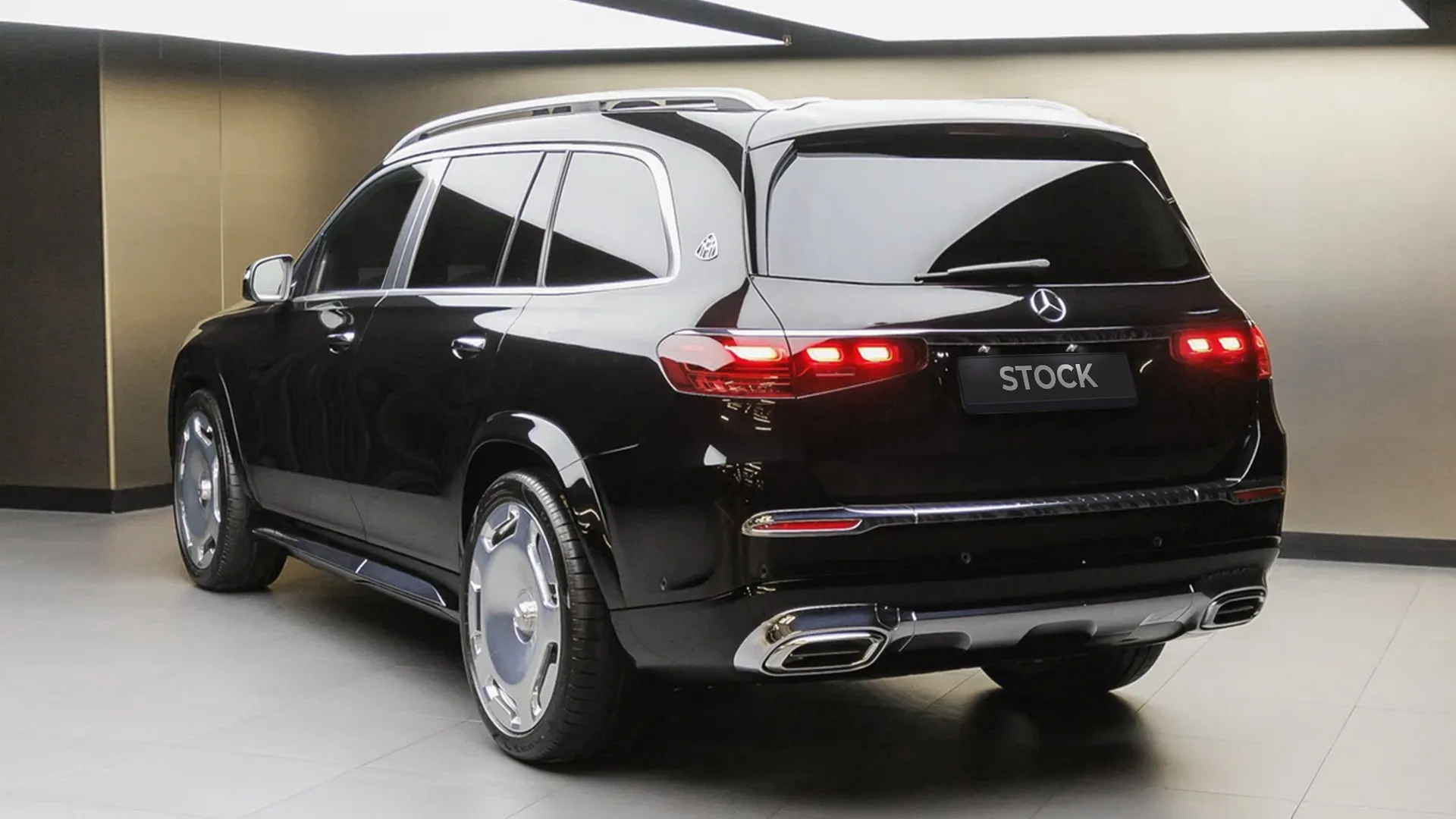 Rear angle view on a Mercedes Maybach GLS 600 Facelift 2025 with a body kit giving the car a custom appearance