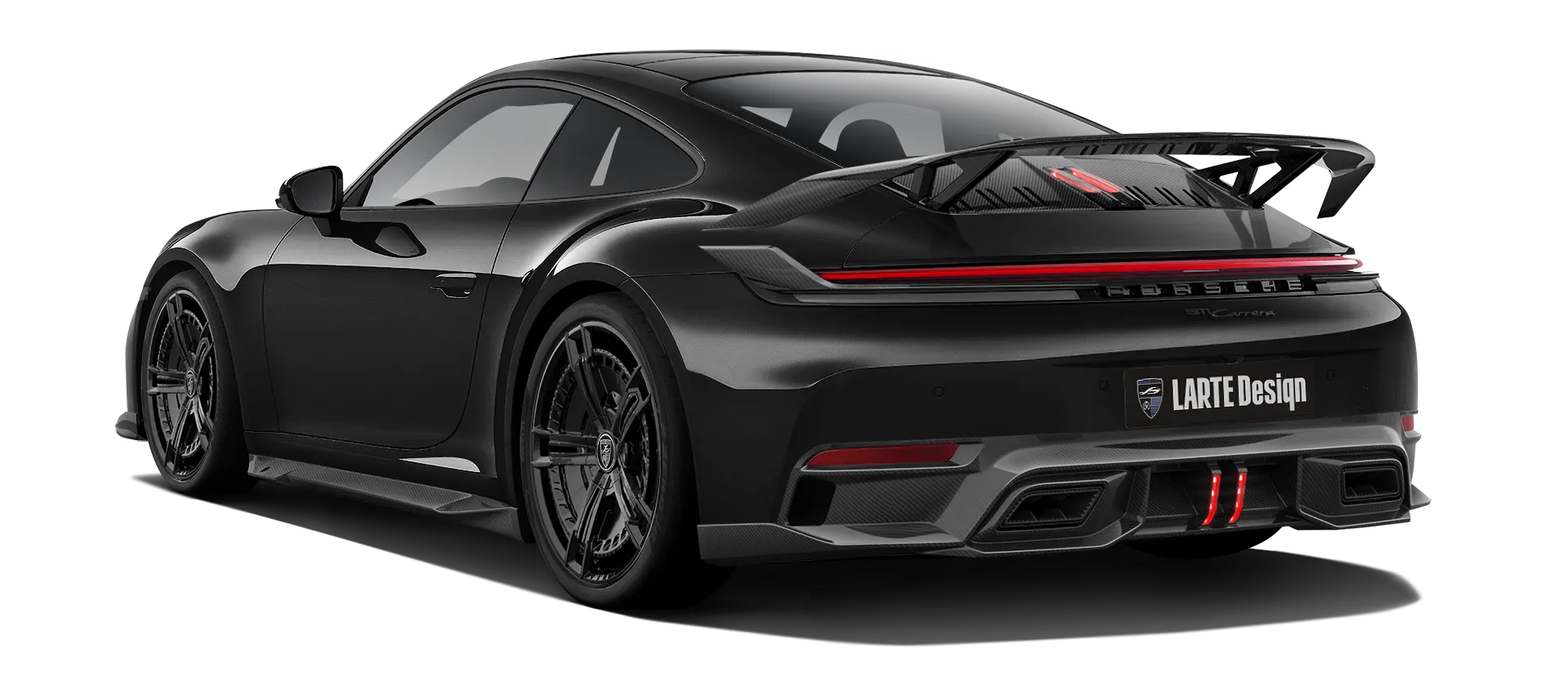 Porsche 911 Carrera Facelift 992.2 mit Karbon-Karosserie-Kit: Rückansicht in Schwarz