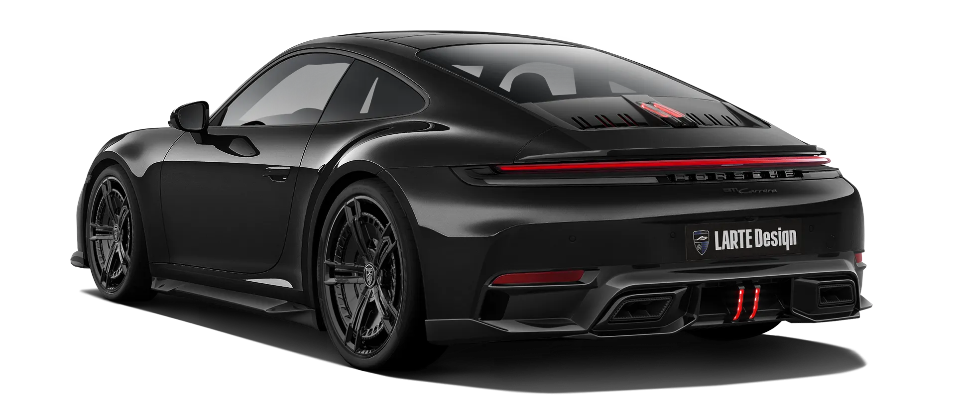 Porsche 911 Carrera Facelift 992.2 mit lackiertem Karosserie-Kit: Rückansicht in Schwarz