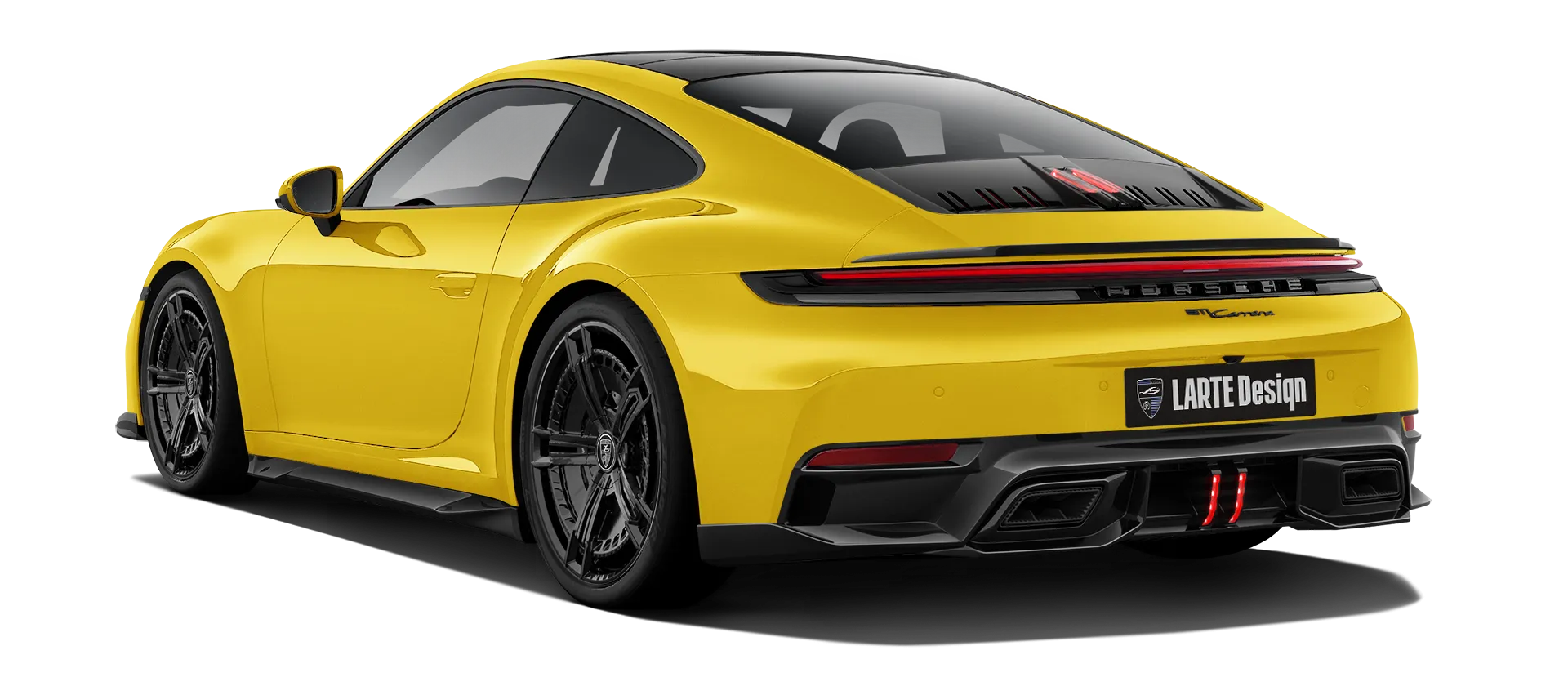Porsche 911 Carrera Facelift 992.2 mit lackiertem Karosserie-Kit: Rückansicht in Cartagena Gelb