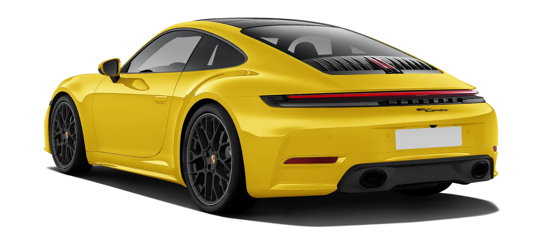 Porsche 911 Carrera Facelift 992.2 serienmäßige Rückansicht in Cartagena Gelb Farbe