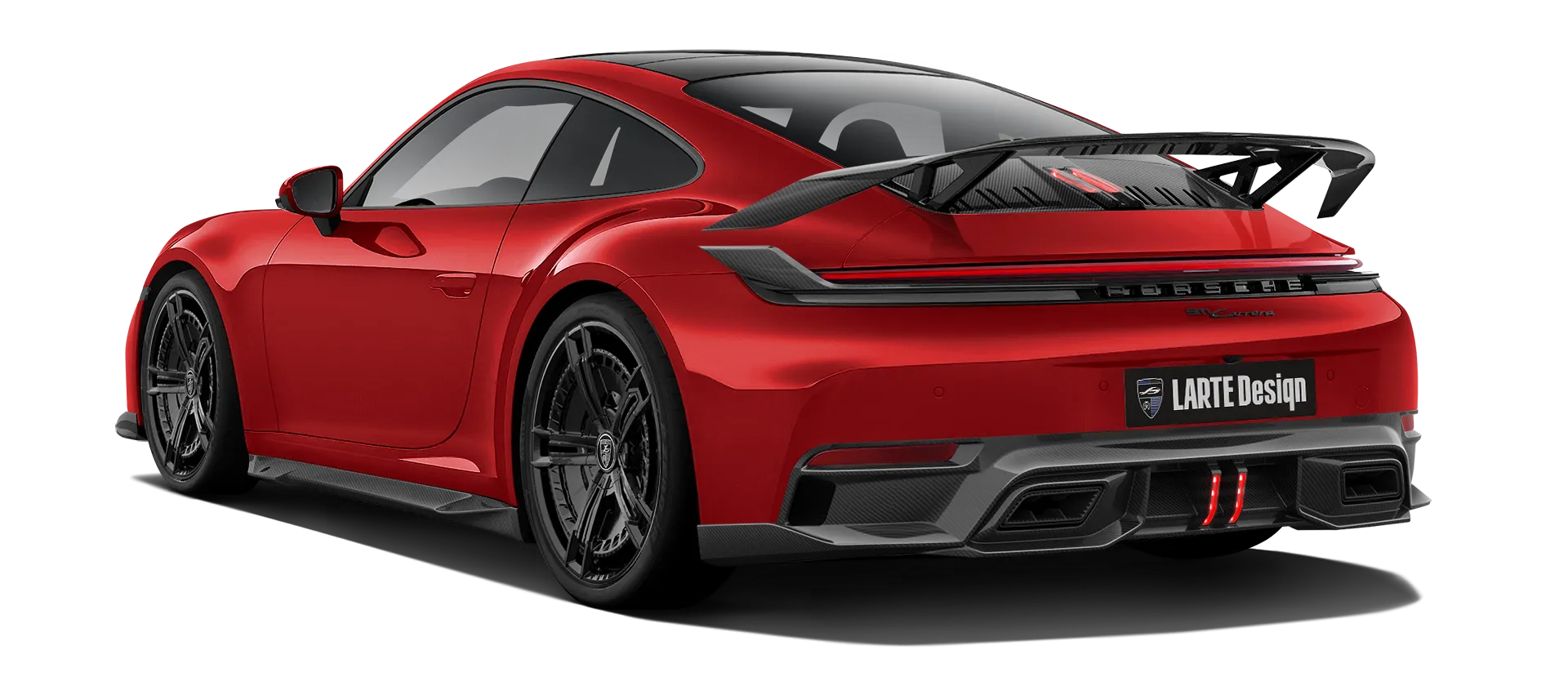 Porsche 911 Carrera Facelift 992.2 mit Karbon-Karosserie-Kit: Rückansicht in Indisch Rot