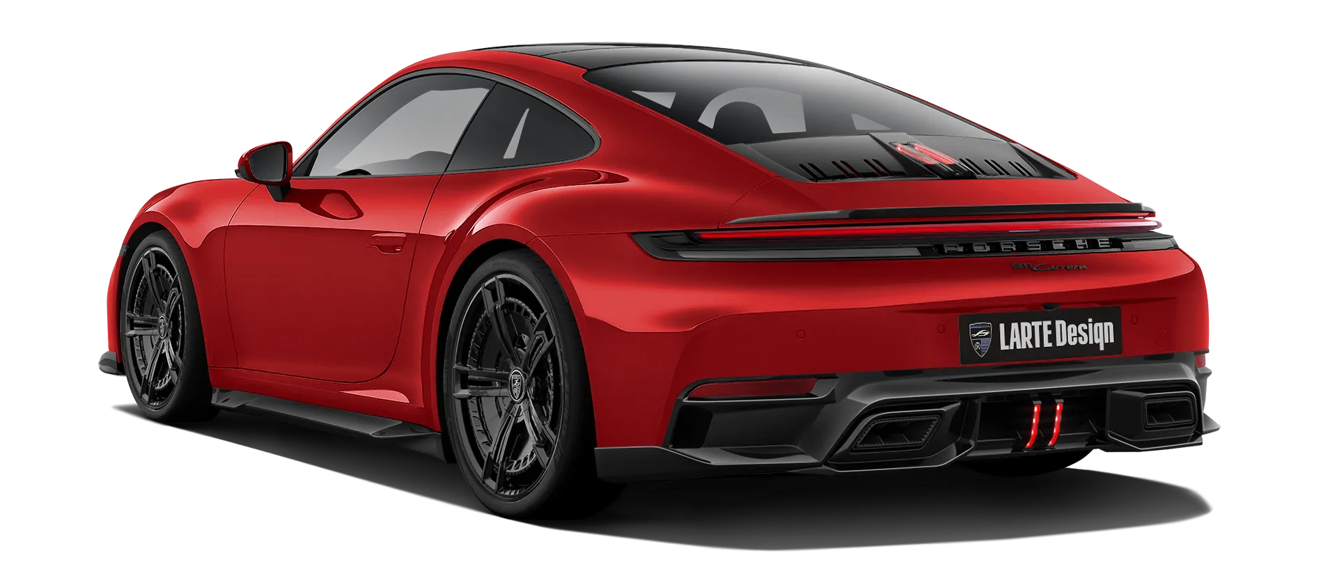 Porsche 911 Carrera Facelift 992.2 mit lackiertem Karosserie-Kit: Rückansicht in Indisch Rot
