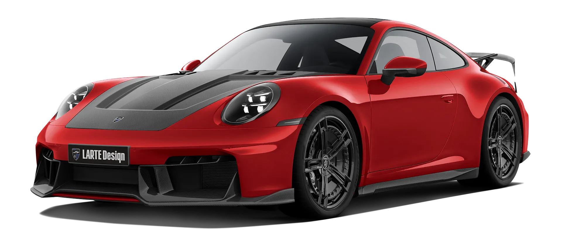 Porsche 911 Carrera Facelift 992.2 mit Karbon-Karosserie-Kit: Frontansicht in Indisch Rot