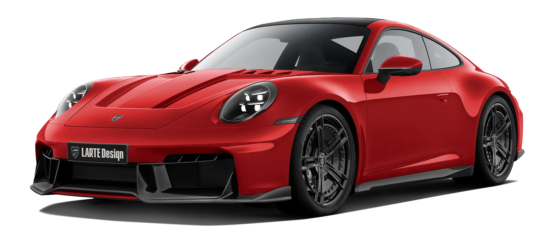 Porsche 911 Carrera Facelift 992.2 mit lackiertem Karosserie-Kit: Frontansicht in Indisch Rot