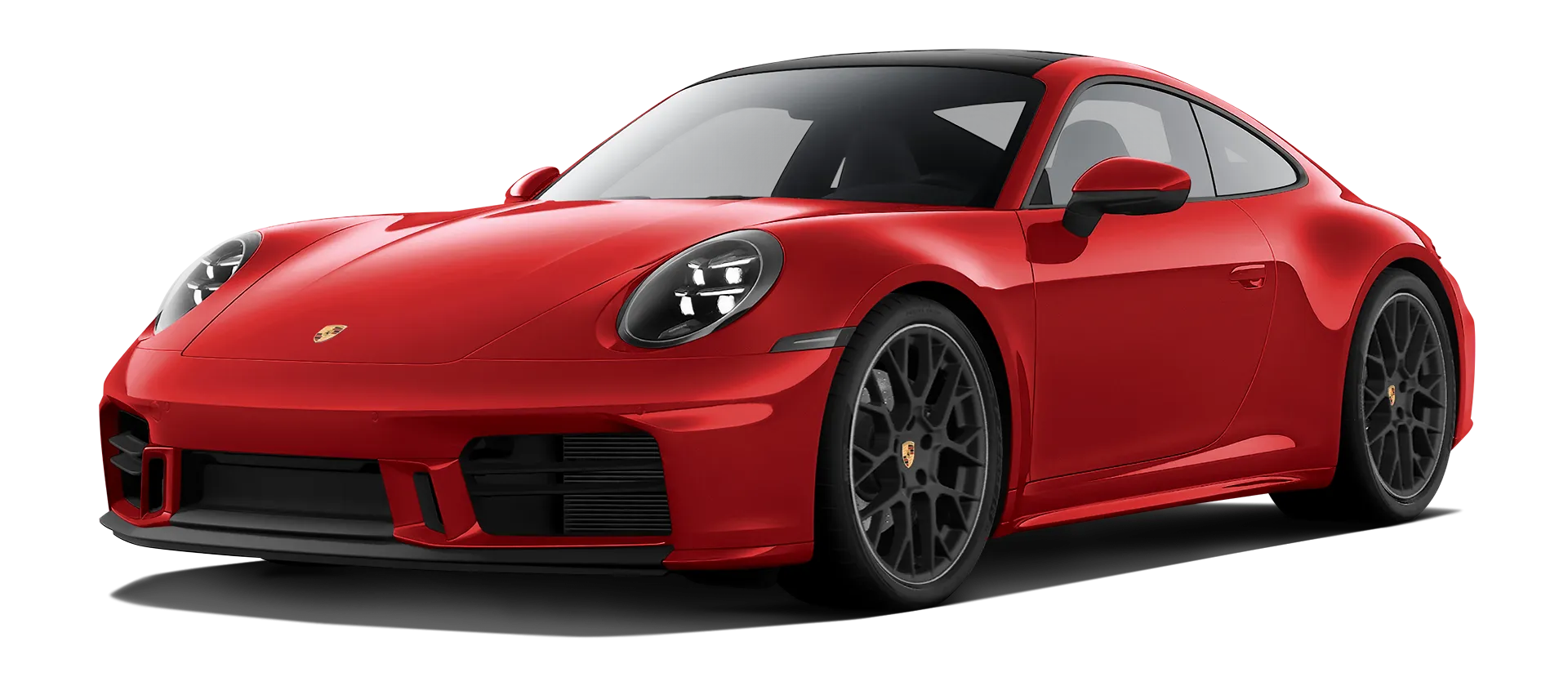 Porsche 911 Carrera Facelift 992.2 serienmäßige Frontansicht in Indisch Rot Farbe