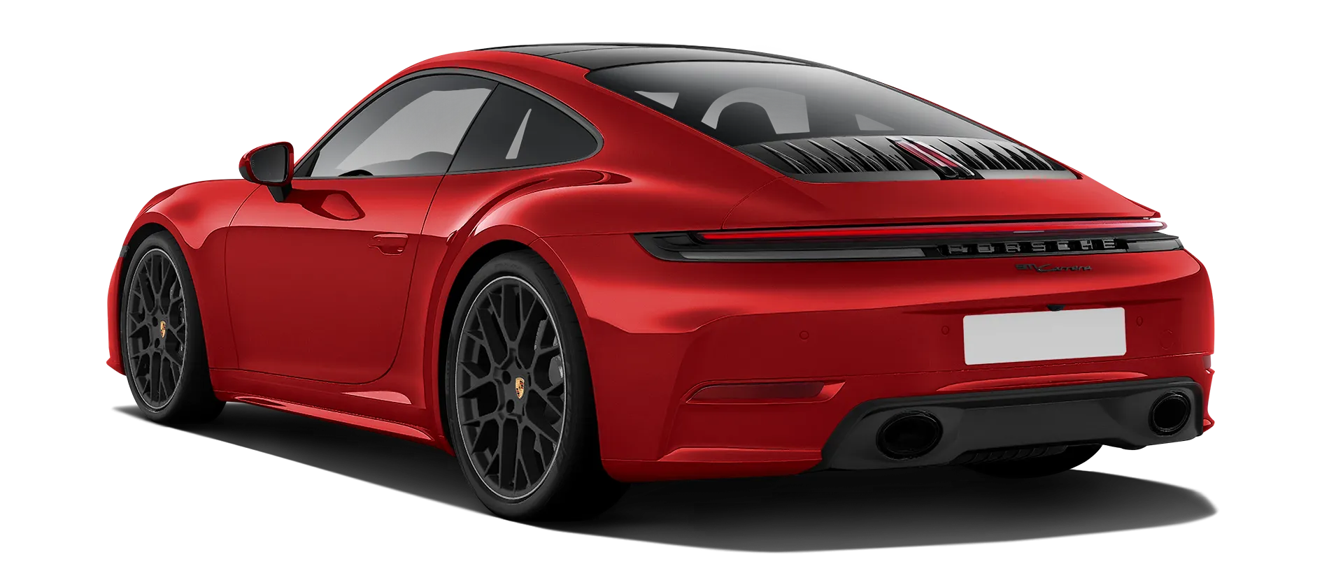 Porsche 911 Carrera Facelift 992.2 serienmäßige Rückansicht in Indisch Rot Farbe