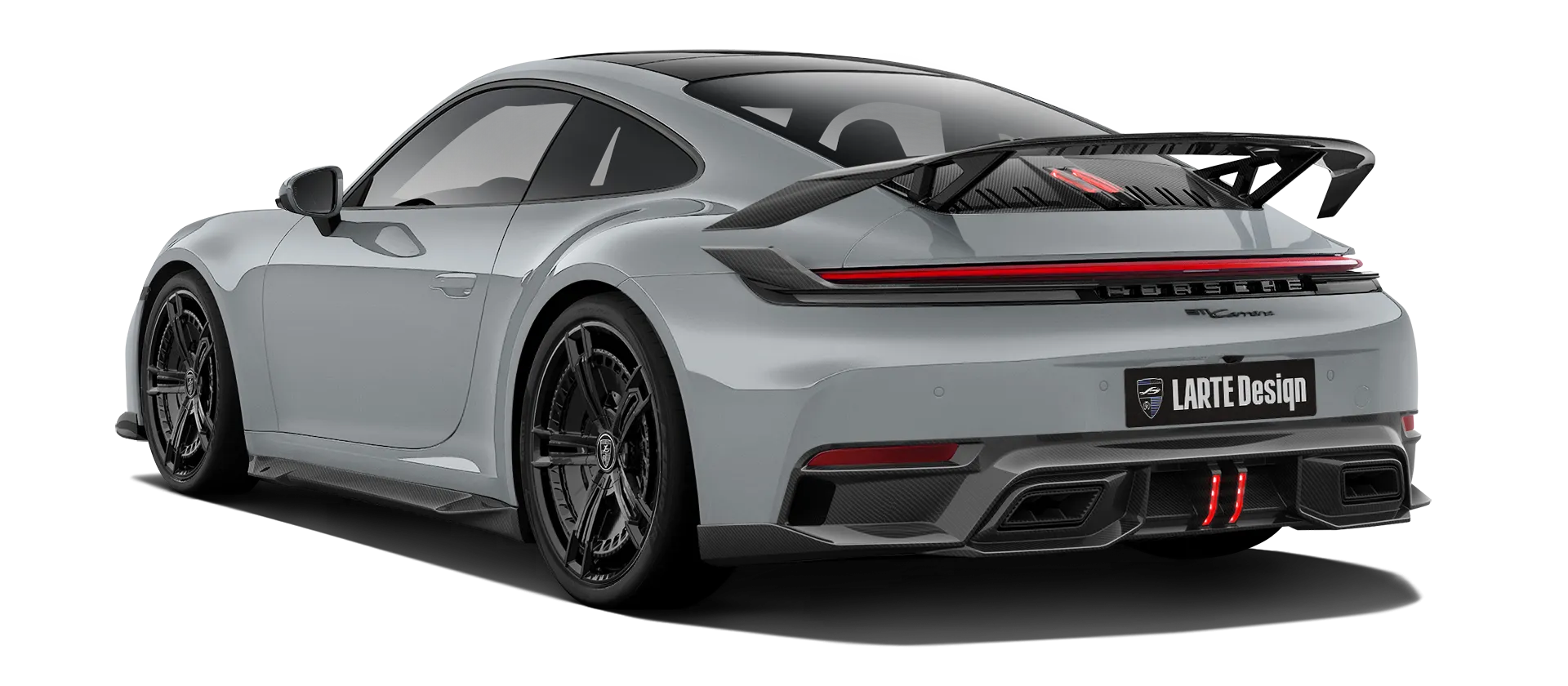 Porsche 911 Carrera Facelift 992.2 mit Karbon-Karosserie-Kit: Rückansicht in Eis Grau