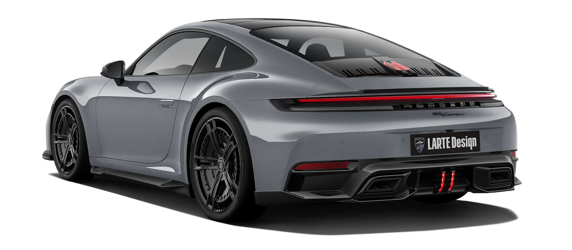 Porsche 911 Carrera Facelift 992.2 mit lackiertem Karosserie-Kit: Rückansicht in Eis Grau