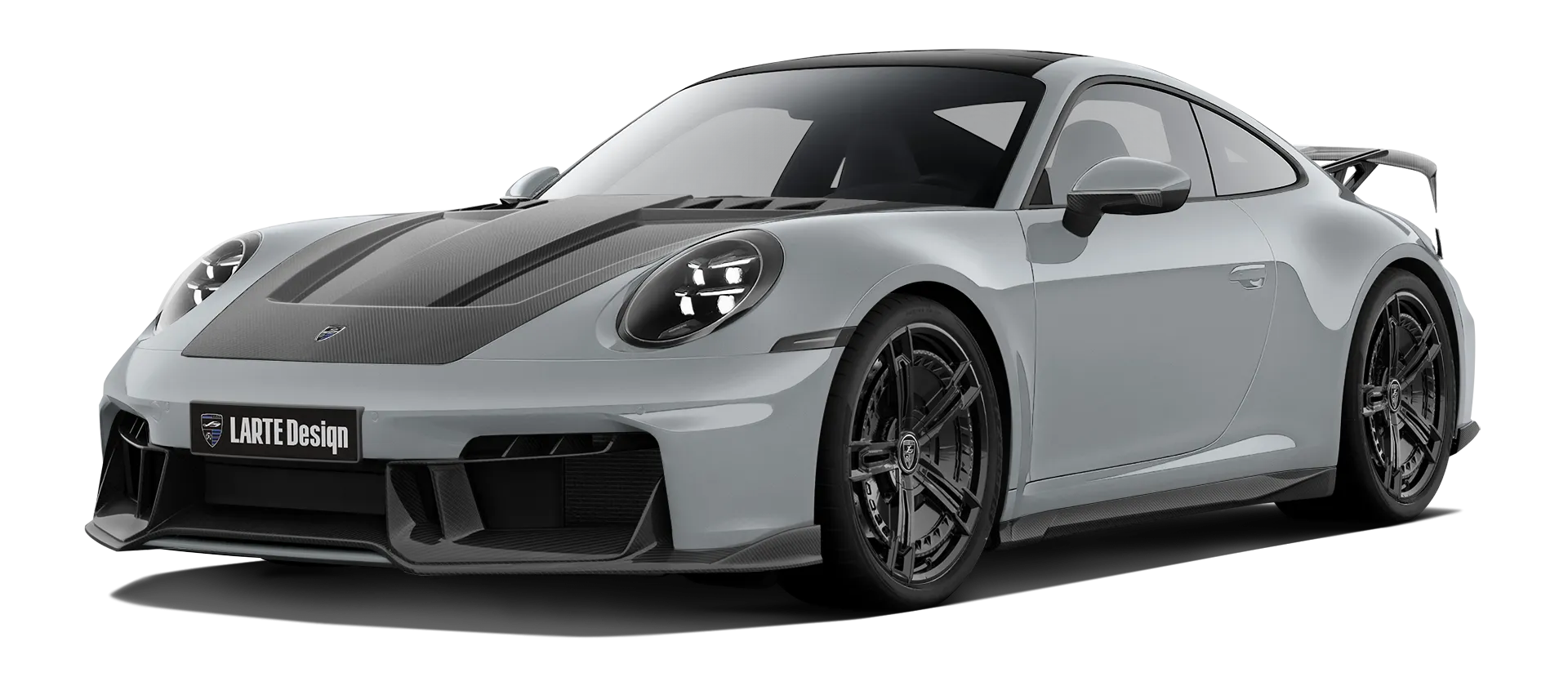 Porsche 911 Carrera Facelift 992.2 mit Karbon-Karosserie-Kit: Frontansicht in Eis Grau