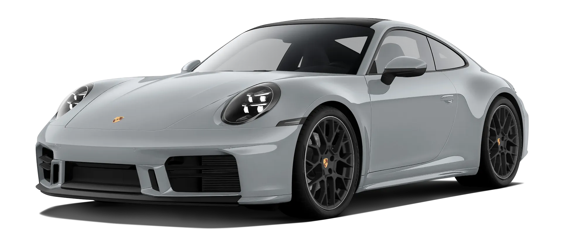 Porsche 911 Carrera Facelift 992.2 serienmäßige Frontansicht in Eis Grau Farbe