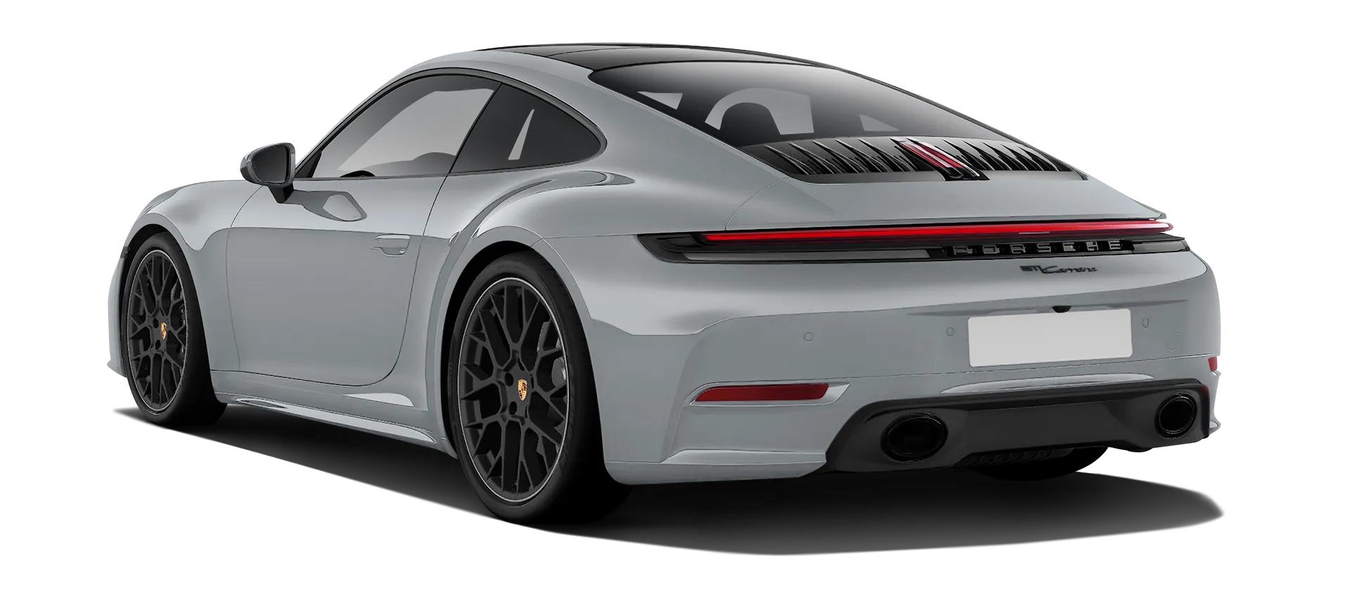 Porsche 911 Carrera Facelift 992.2 serienmäßige Rückansicht in Eis Grau Farbe
