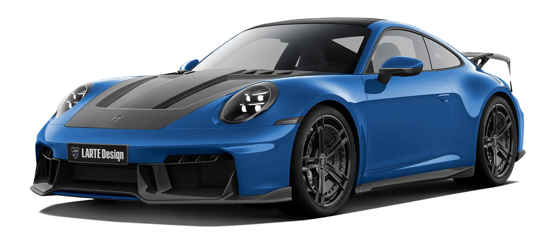 Porsche 911 Carrera Facelift 992.2 mit Karbon-Karosserie-Kit: Frontansicht in Lugano Blau