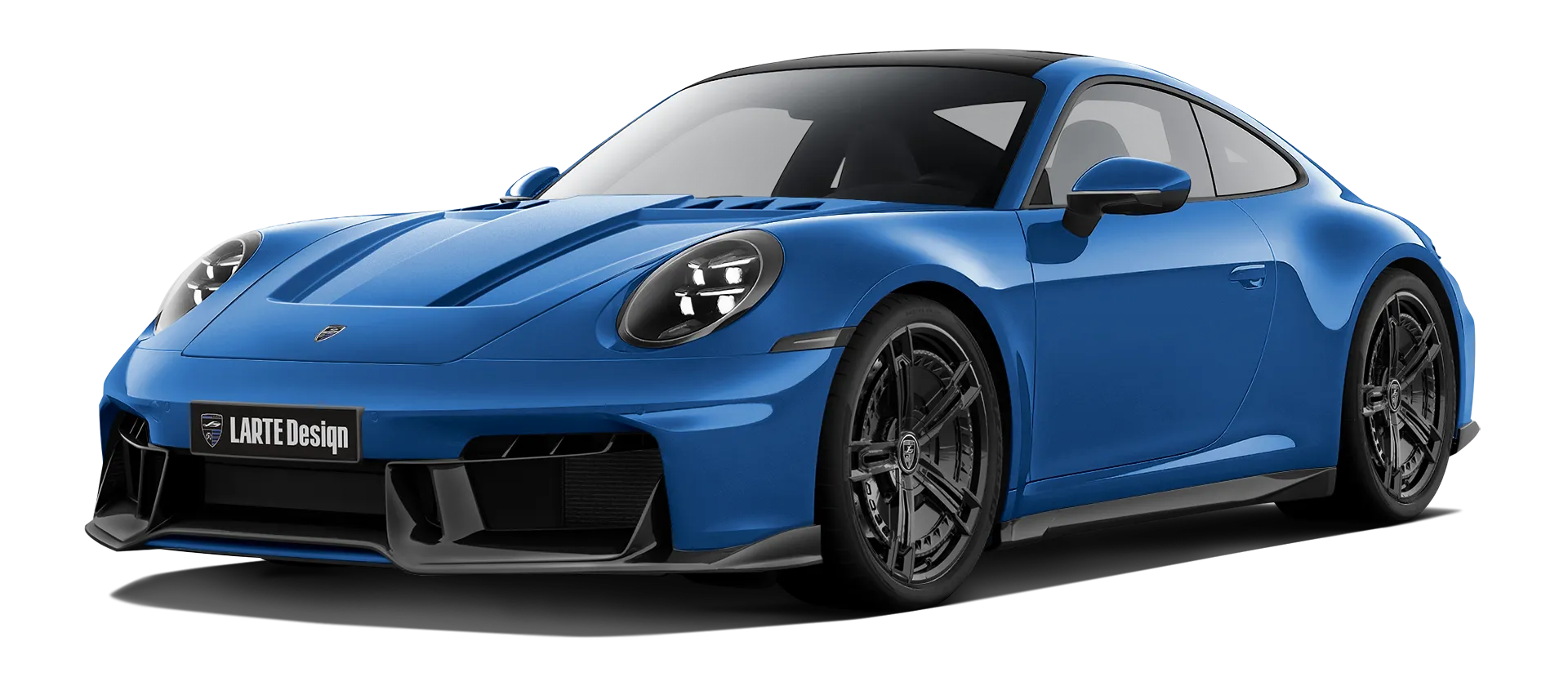 Porsche 911 Carrera Facelift 992.2 mit lackiertem Karosserie-Kit: Frontansicht in Lugano Blau
