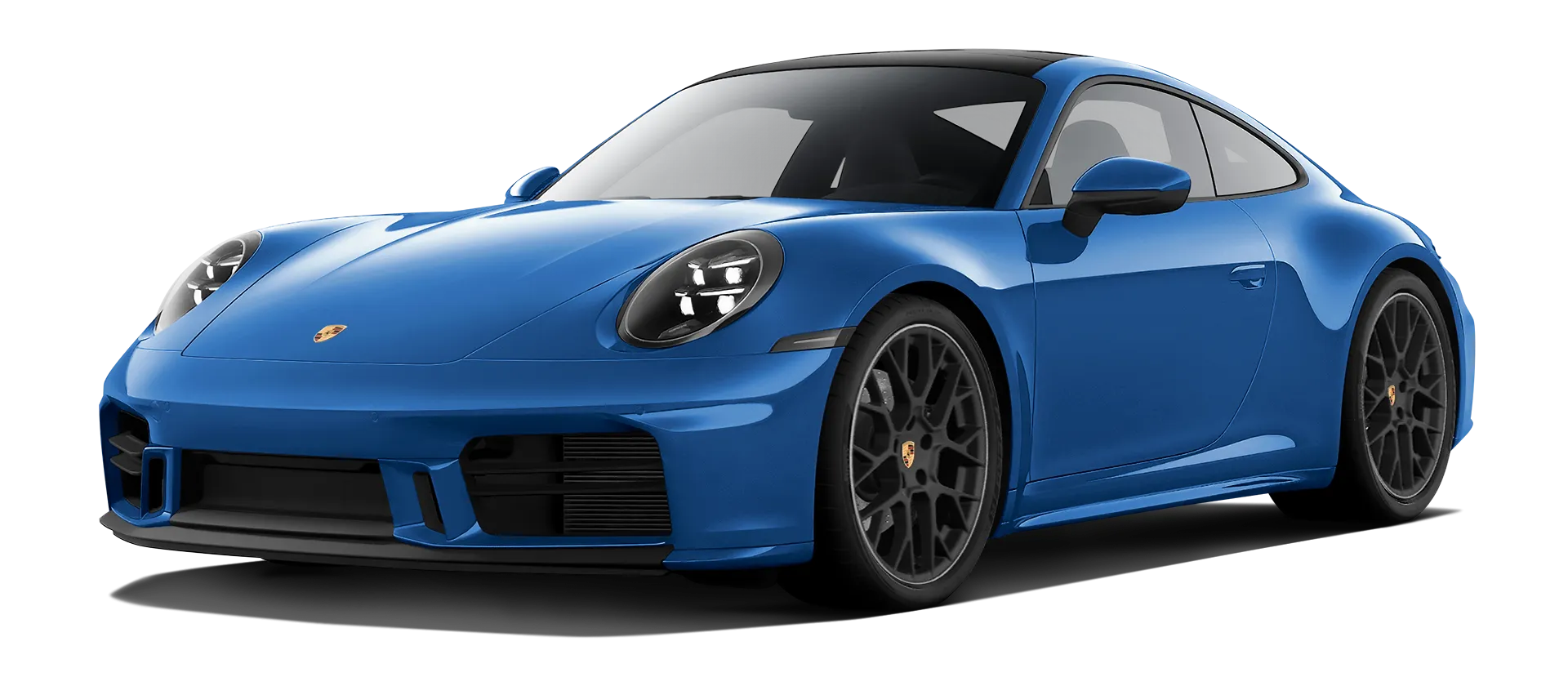 Porsche 911 Carrera Facelift 992.2 serienmäßige Frontansicht in Lugano Blau Farbe