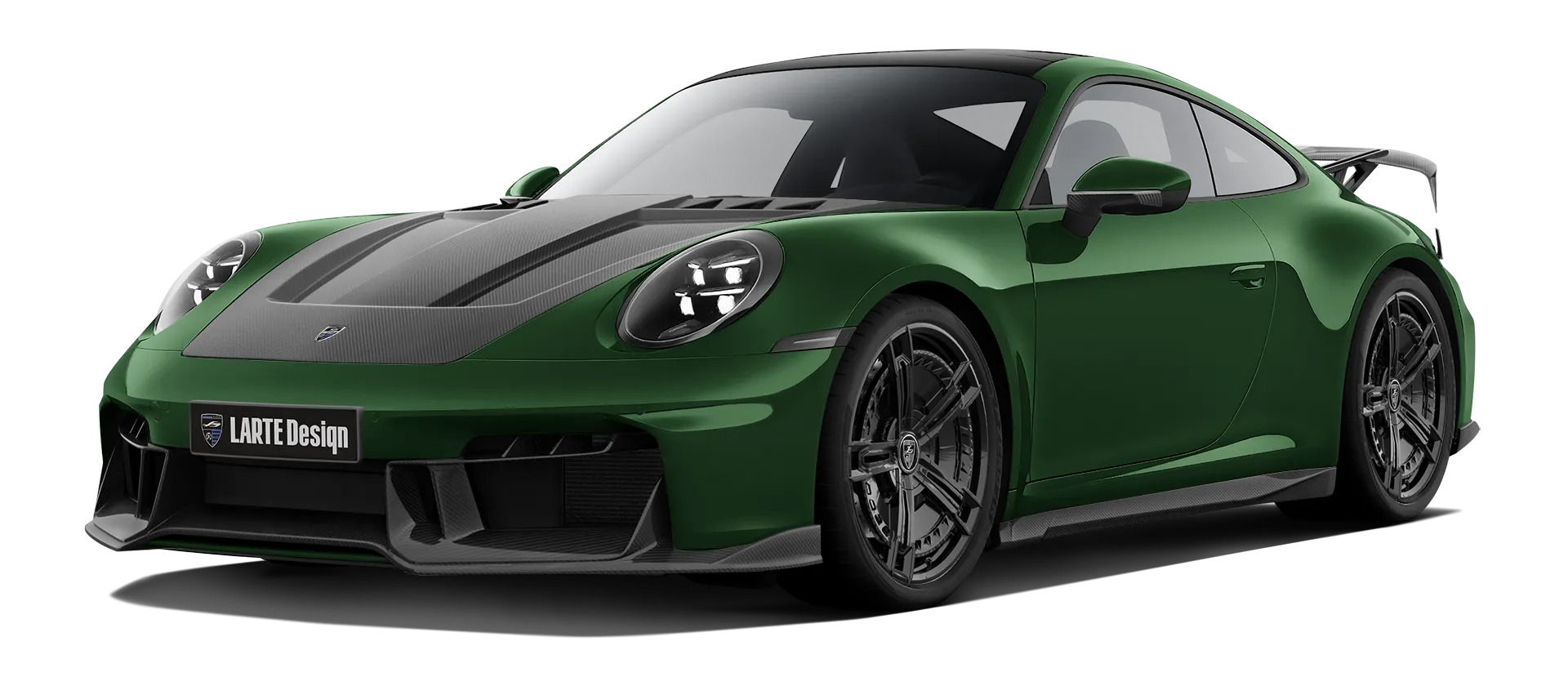 Porsche 911 Carrera Facelift 992.2 mit Karbon-Karosserie-Kit: Frontansicht in Eiche Grün