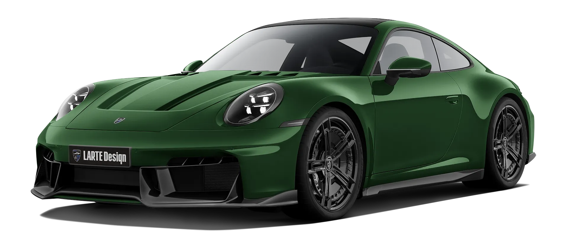 Porsche 911 Carrera Facelift 992.2 mit lackiertem Karosserie-Kit: Frontansicht in Eiche Grün