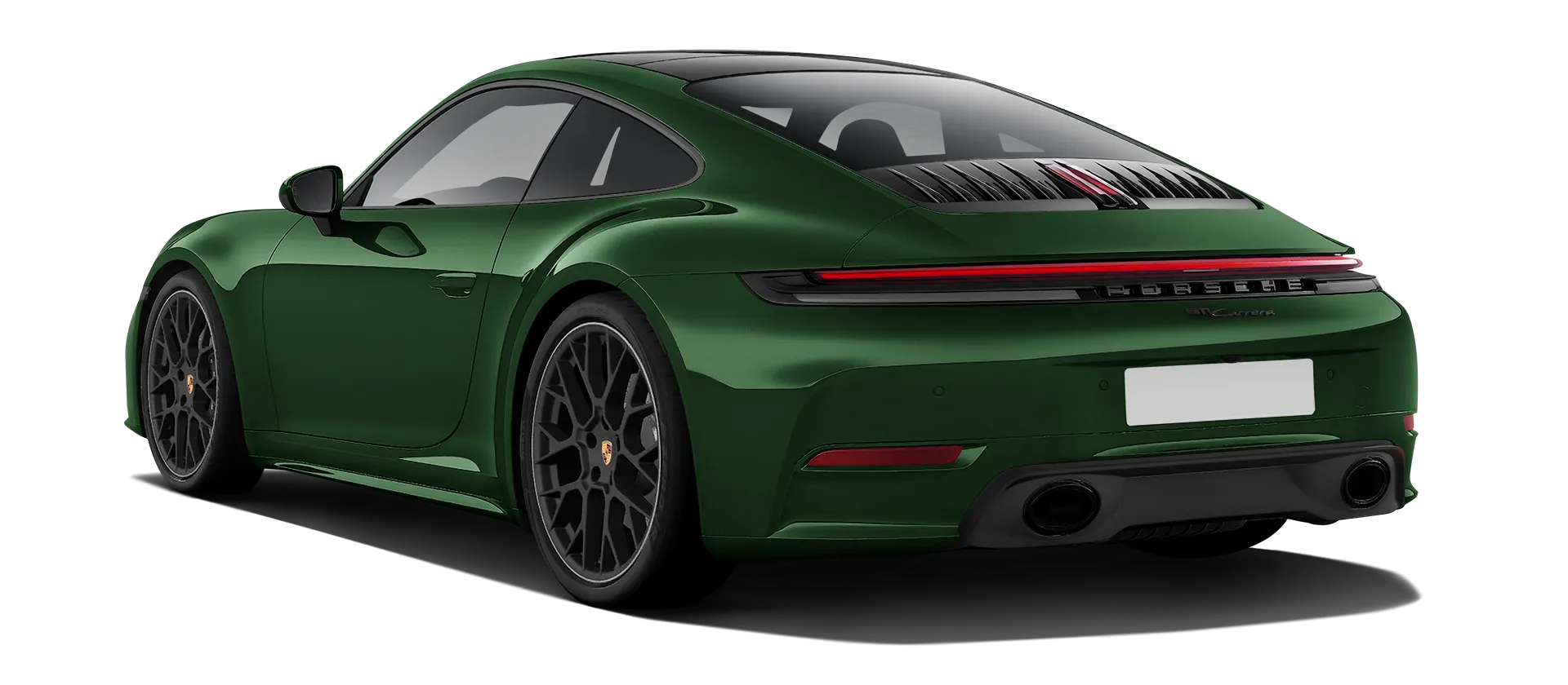 Porsche 911 Carrera Facelift 992.2 serienmäßige Rückansicht in Eiche Grün Farbe