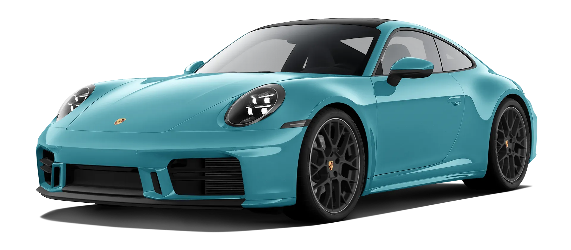 Porsche 911 Carrera Facelift 992.2 serienmäßige Frontansicht in Olimp Blau Farbe
