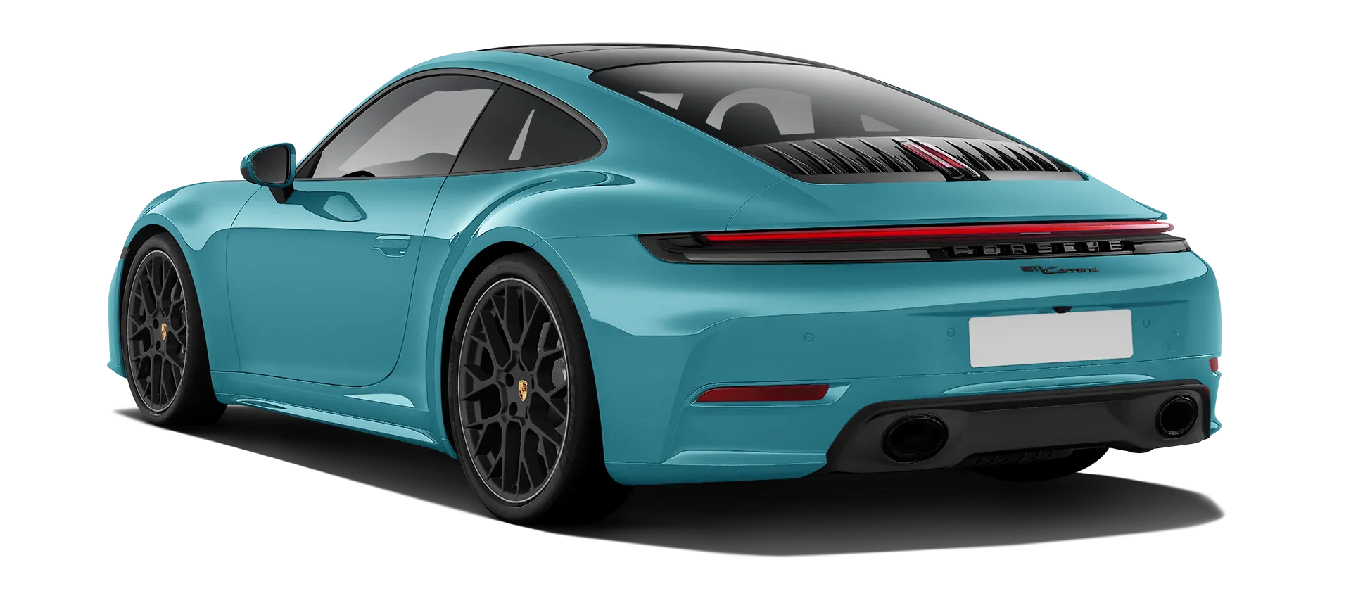 Porsche 911 Carrera Facelift 992.2 serienmäßige Rückansicht in Olimp Blau Farbe