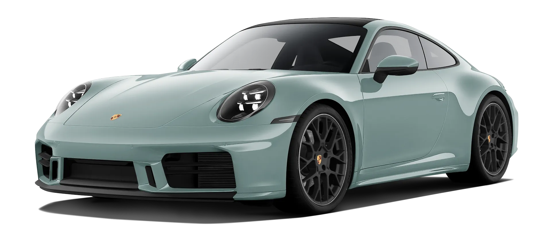 Porsche 911 Carrera Facelift 992.2 serienmäßige Frontansicht in Shade Grün Farbe