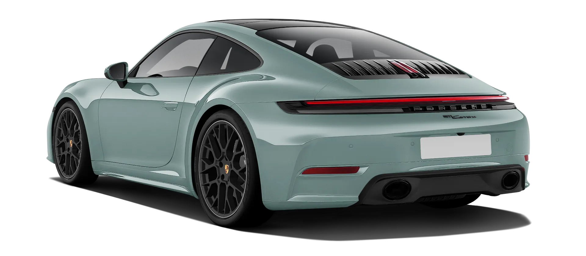 Porsche 911 Carrera Facelift 992.2 serienmäßige Rückansicht in Shade Grün Farbe
