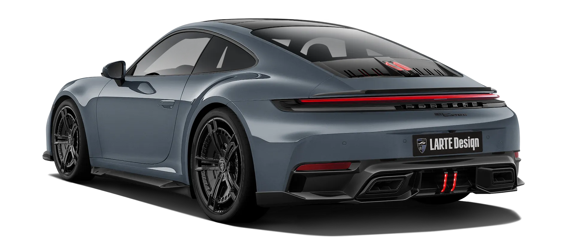 Porsche 911 Carrera Facelift 992.2 mit lackiertem Karosserie-Kit: Rückansicht in Vanadium Grau