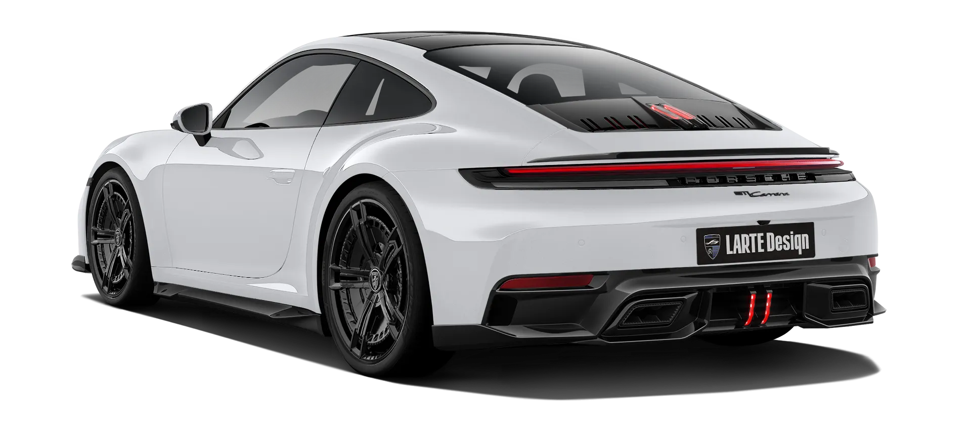 Porsche 911 Carrera Facelift 992.2 mit lackiertem Karosserie-Kit: Rückansicht in Weiß