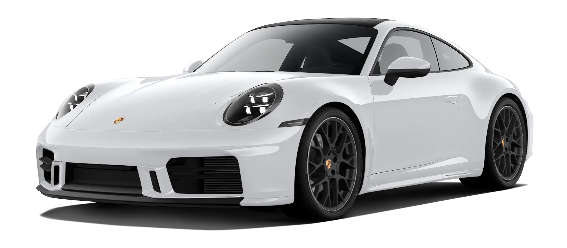 Porsche 911 Carrera Facelift 992.2 serienmäßige Frontansicht in Weiß Farbe
