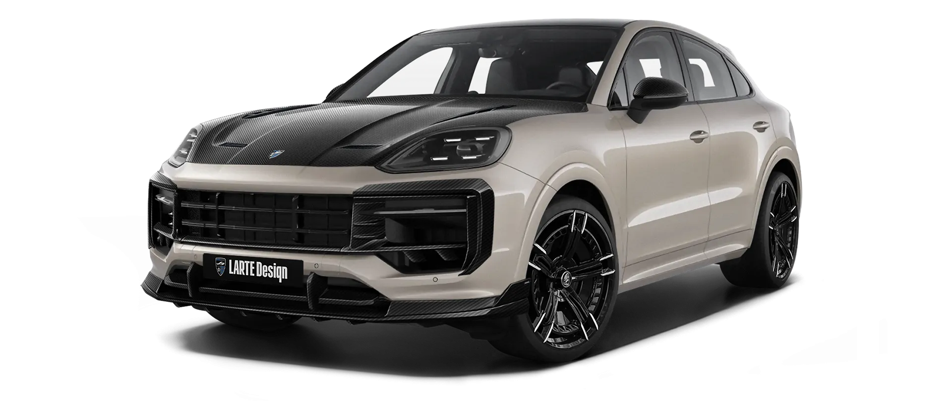 Porsche Cayenne S Coupe with carbon body kit: front view shown in Cashmere Beige