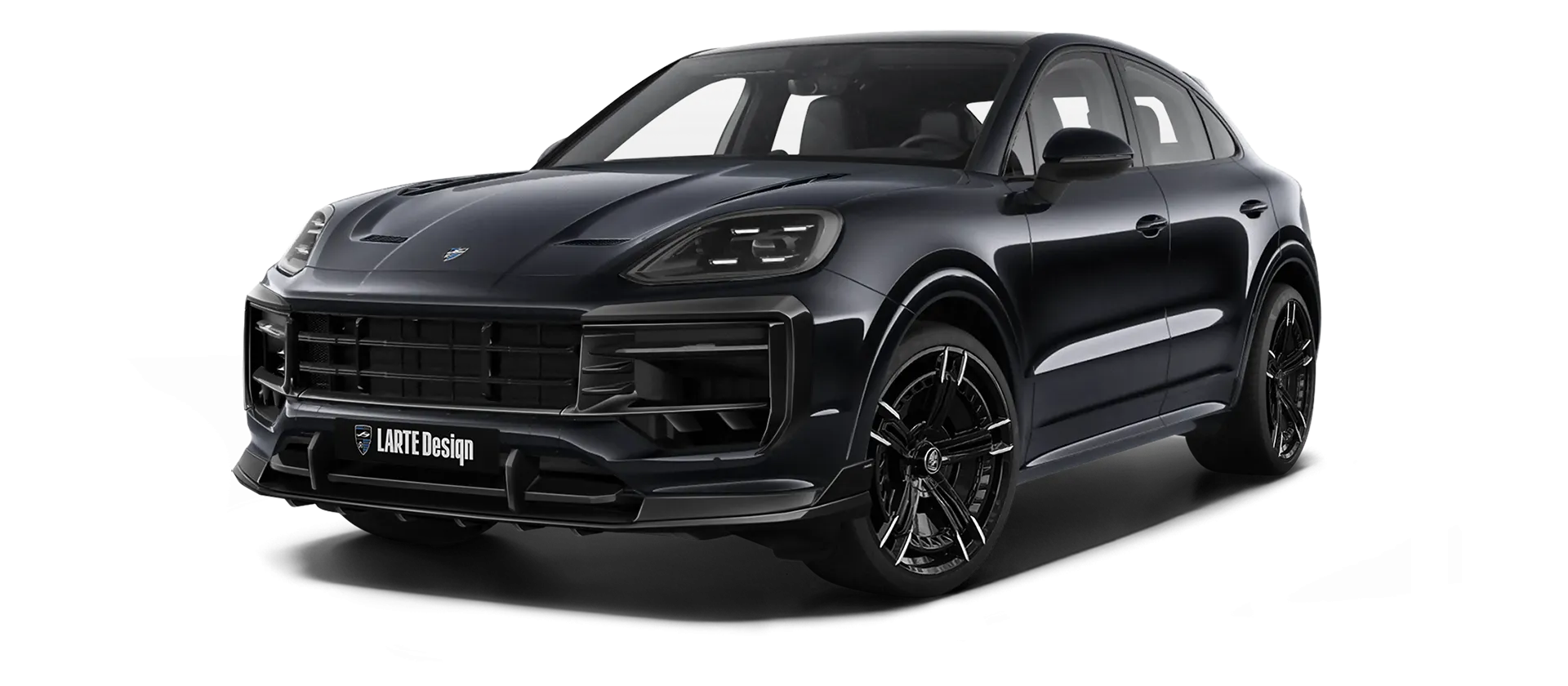 Porsche Cayenne S Coupe with painted body kit: front view shown in Chromite Black