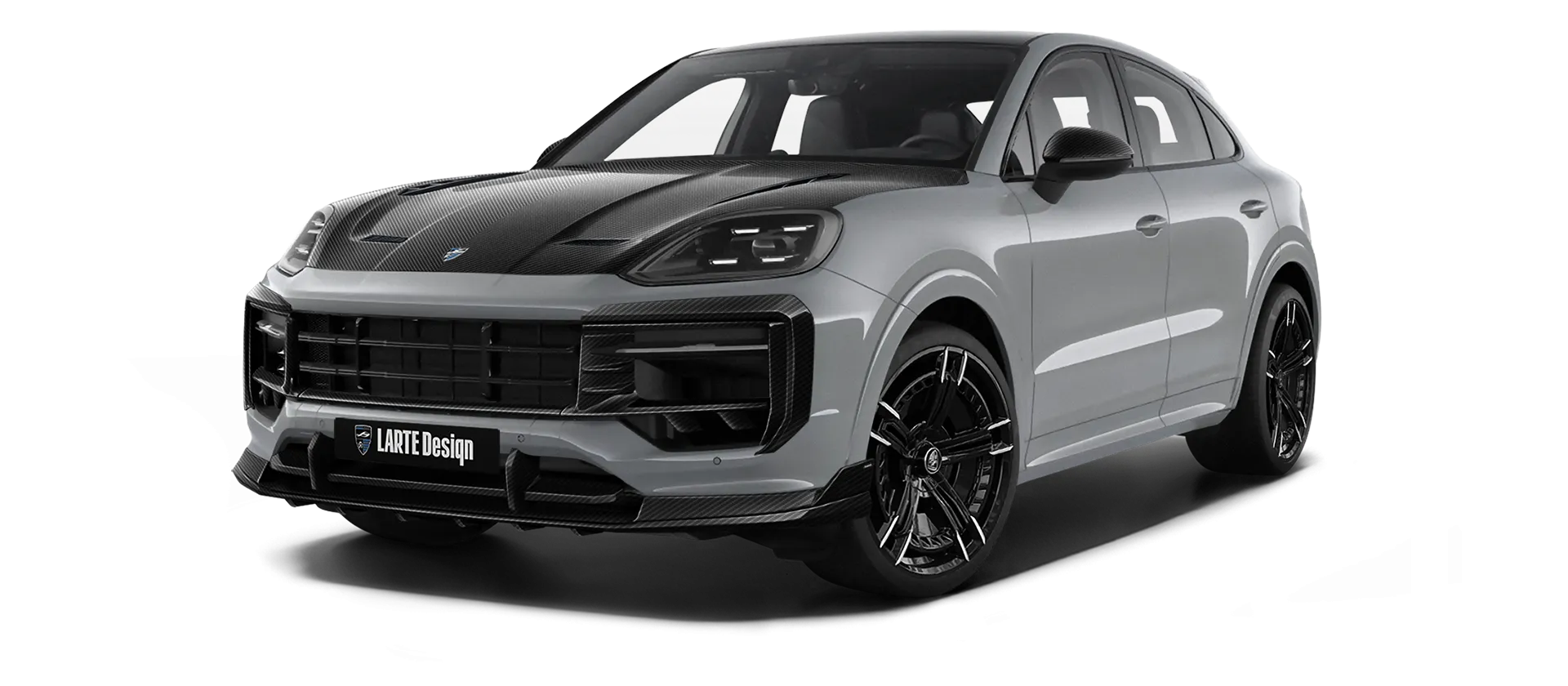 Porsche Cayenne S Coupe with carbon body kit: front view shown in Dolomite Silver