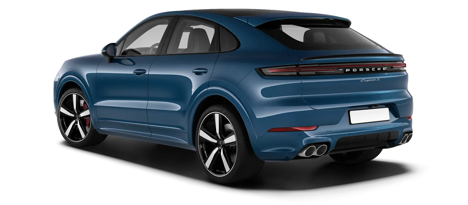 Porsche Cayenne S Coupe stock rear view in Montego Blue color