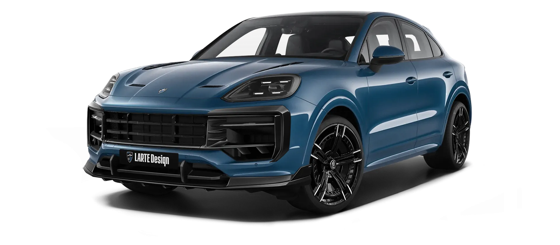 Porsche Cayenne S Coupe with painted body kit: front view shown in Montego Blue