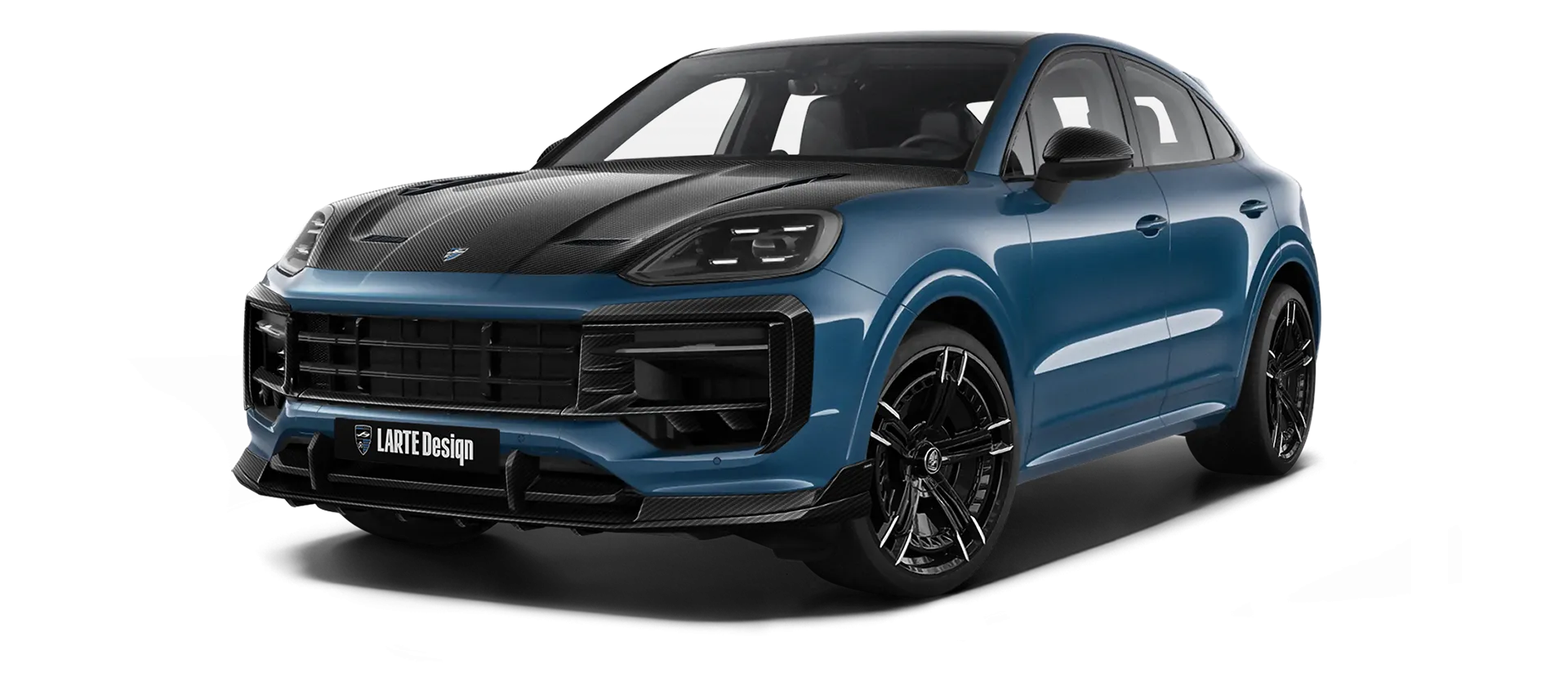 Porsche Cayenne S Coupe with carbon body kit: front view shown in Montego Blue