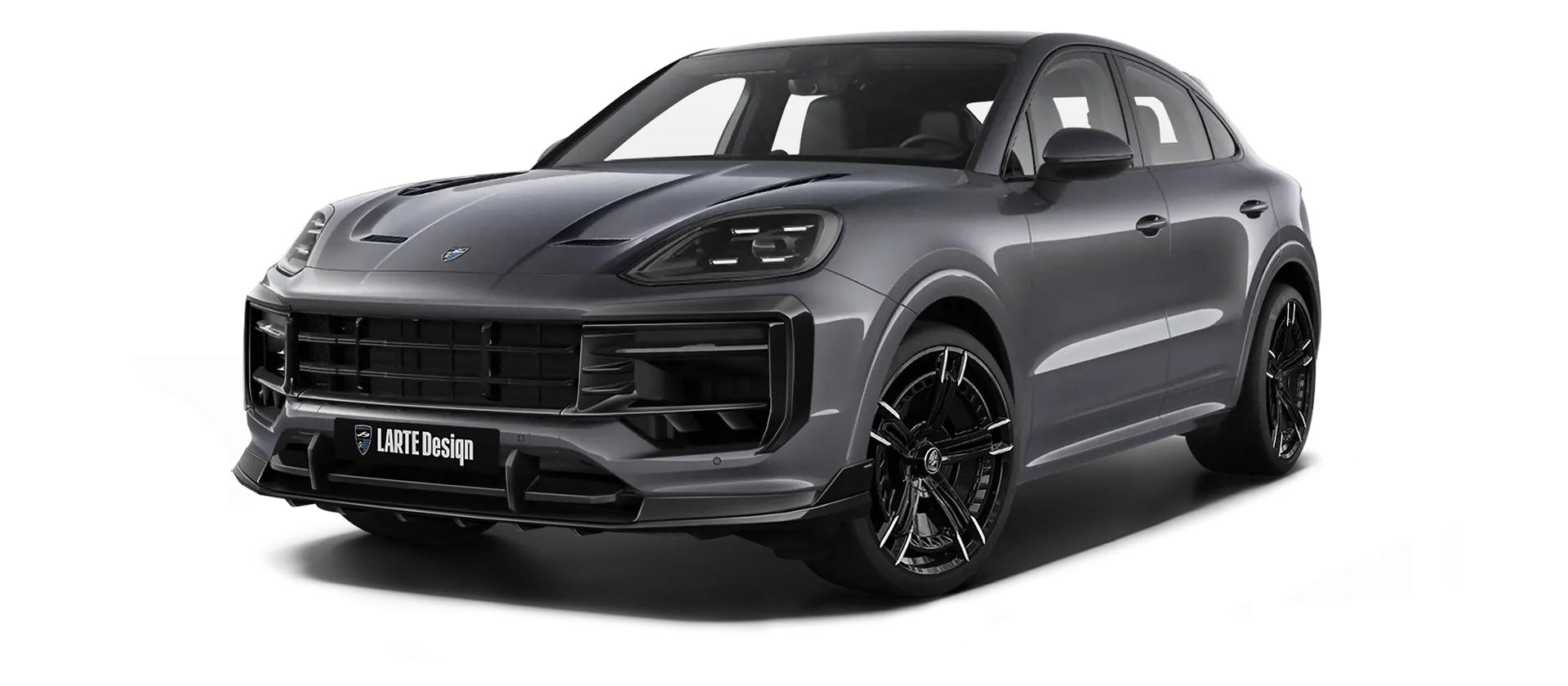 Porsche Cayenne S Coupe with painted body kit: front view shown in Quartz Gray